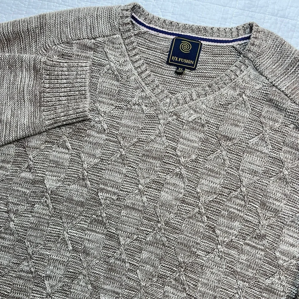 FX Fusion Cable Knit Grandpa Sweater V-Neck Drop Down Khaki Color Men's Size XL - Picture 1 of 7